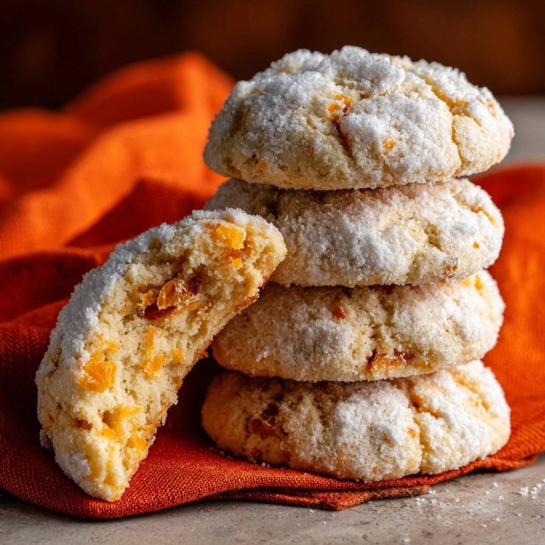 Orangen-Crinkle-Kekse mit einem angeschnittenen Keks, der das Innere mit kandierten Orangenschalen zeigt