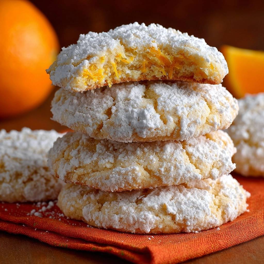 Orangen-Crinkle-Kekse angeschnitten mit einem Blick auf den frischen Orangenschalenabrieb im Inneren und Puderzucker-Kruste.