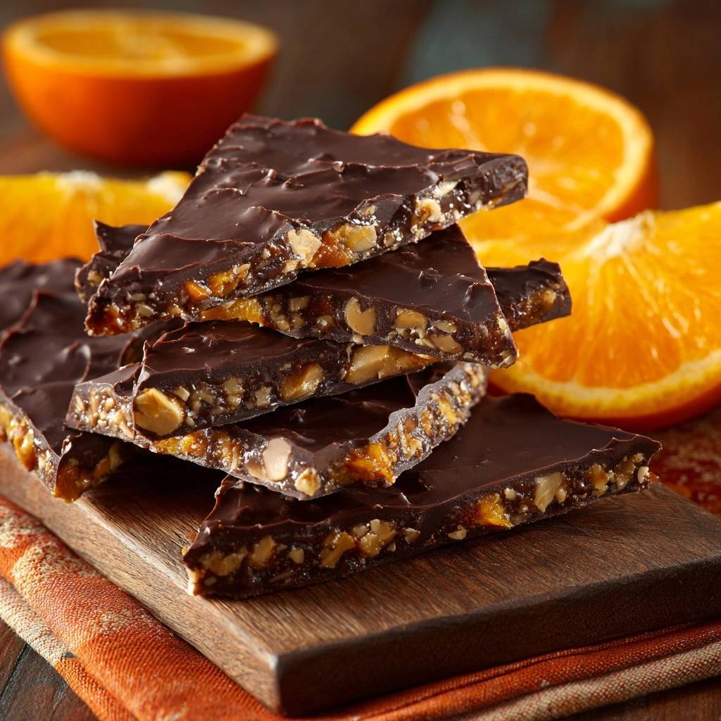 Orangen-Pekannuss-Toffee-Schokoladenbark wird als Stapel von Stücken mit einem Nahaufnahme-Querschnitt gezeigt, der die Schichten hervorhebt.