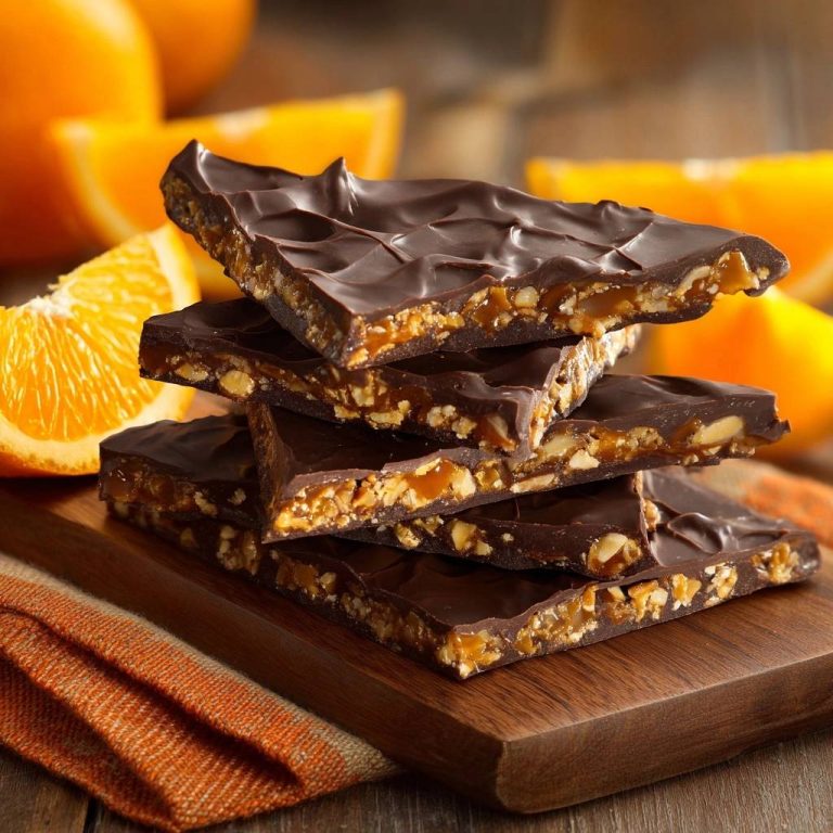 Orangen-Pekannuss-Toffee-Schokoladenbark als Stapel mit sichtbarem Schichtenaufbau von Nüssen und Karamell.