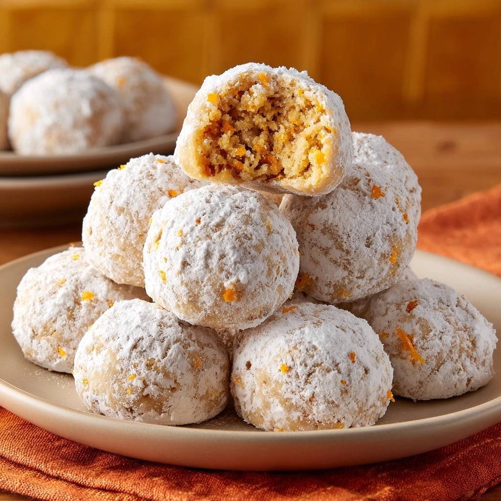 Orangen-Schneebällchen angeschnitten, die zeigen, wie saftig sie sind, mit sichtbaren Orangenzesten und Puderzucker.