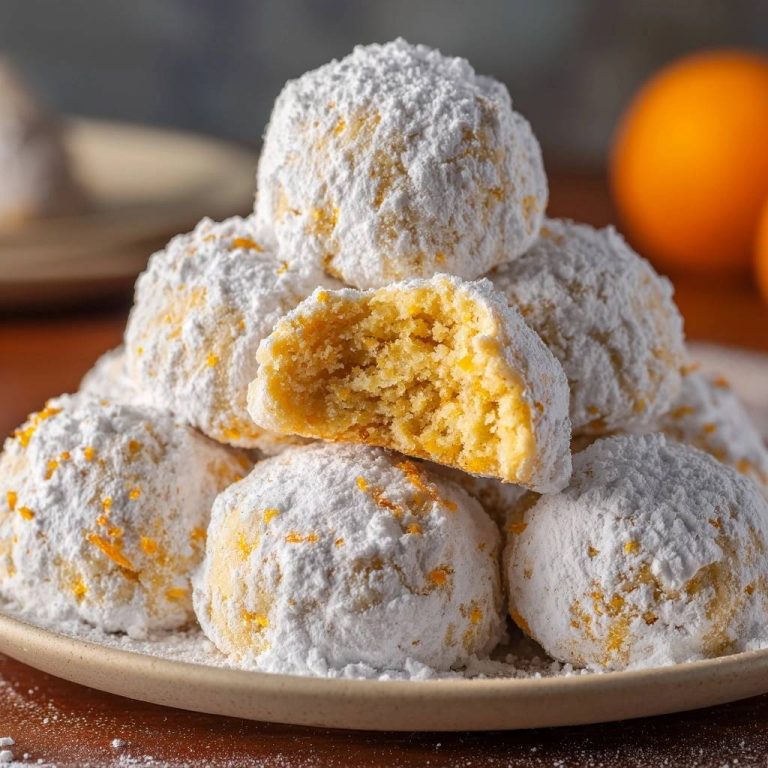 Orangen-Schneebällchen angeschnitten, die mit Puderzucker bestäubt und mit feiner Orangenschale garniert sind, zeigen ein saftiges Inneres.