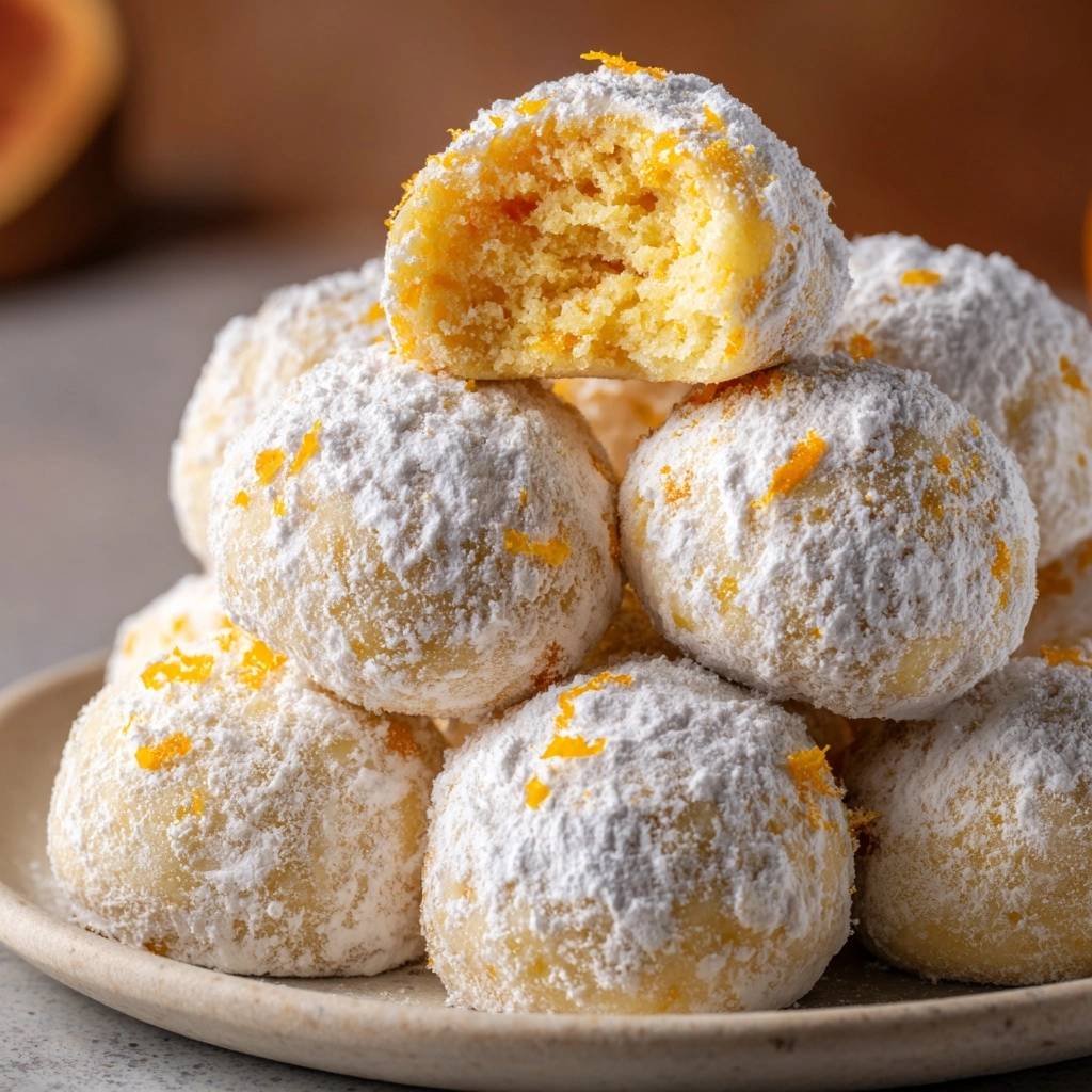 Orangen-Schneebällchen saftig und butterweich, ein angeschnittenes Gebäck zeigt das saftige Innere mit Orangenschale.