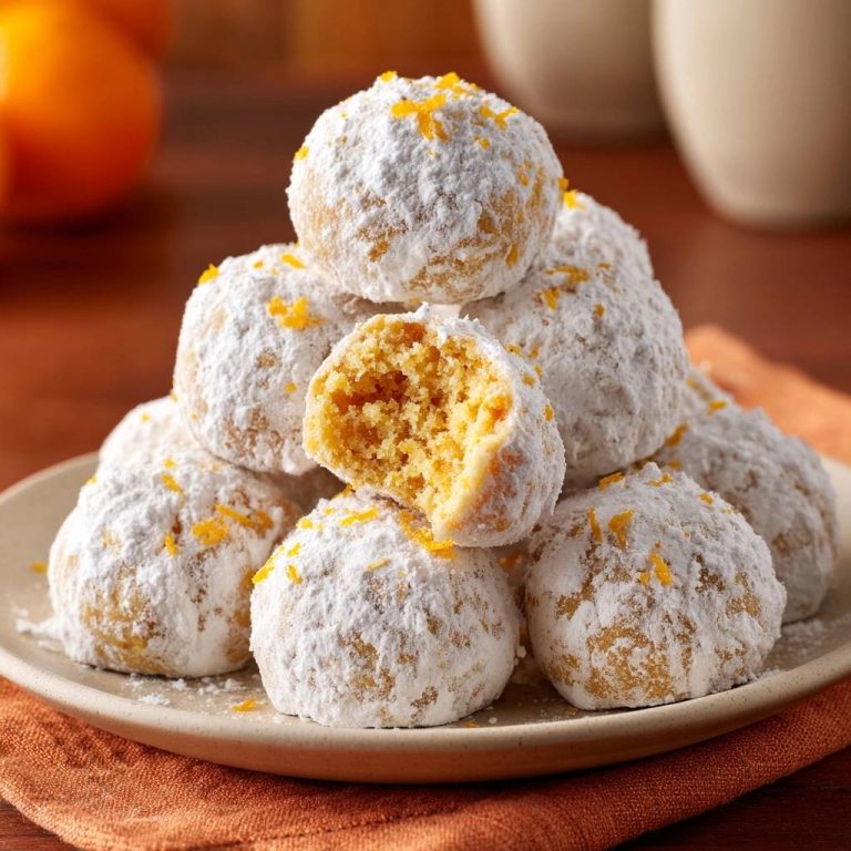 Orangen-Schneebällchen angeschnitten, zeigen das lockere Innere und die Puderzucker-Hülle mit Orangenzesten.