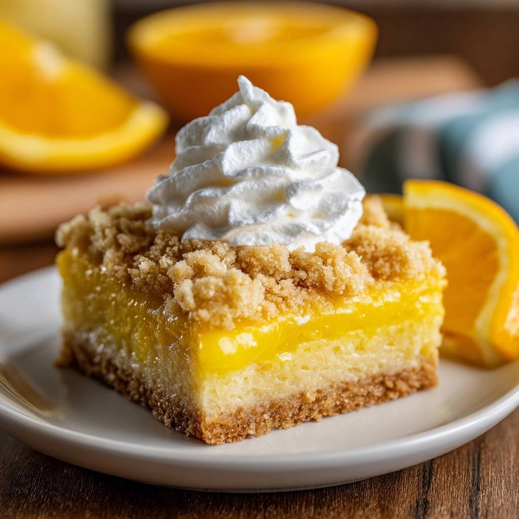 Orangen-Streusel-Cheesecake mit einer Garnitur aus Sahne und Streuseln auf einem Teller, daneben Orangenscheiben.