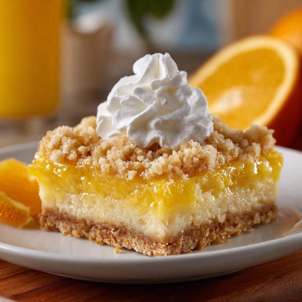 Orangen-Streusel-Cheesecake als Stück auf einem Teller, garniert mit Schlagsahne und Orangenscheiben.
