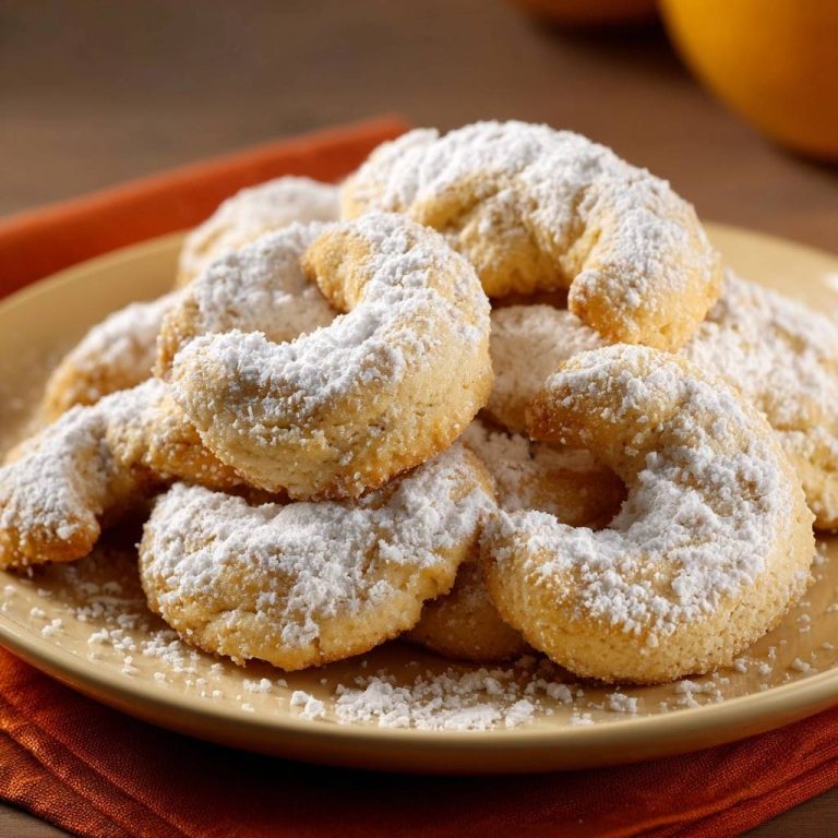 Orangenkipferl sind mit Puderzucker bestäubt und auf einem Teller gestapelt, was sie appetitlich aussehen lässt.