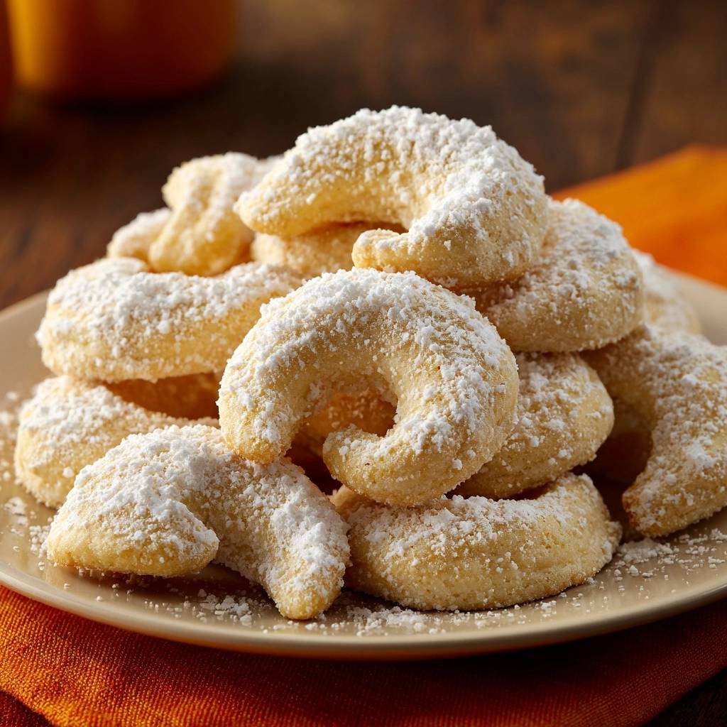 Orangenkipferl sind ein klassisches Weihnachtsgebäck, hier als Nahaufnahme mit Puderzucker bestäubt.