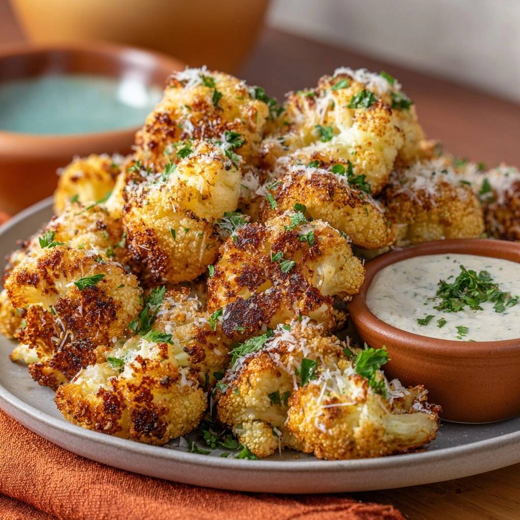 Knuspriger Parmesan-Blütenkohl mit Kräuter-Dip, eine Nahaufnahme zeigt die gebräunten Röschen und den cremigen Dip.