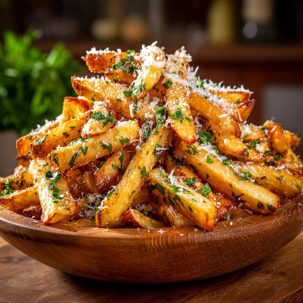 Knusprige Parmesan-Pommes garniert mit frischen Kräutern und geriebenem Käse in einer Holzschale
