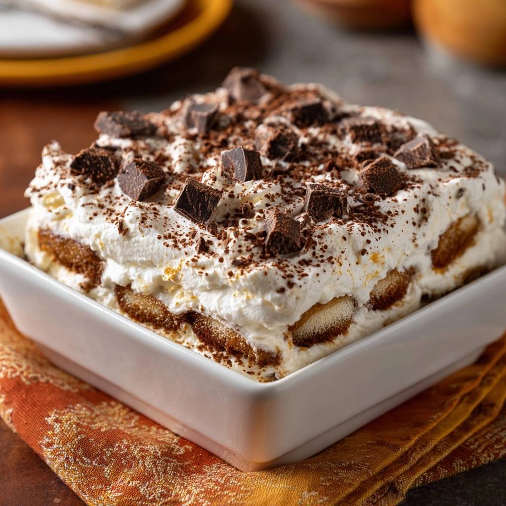 Perfektes Tiramisu mit Schokoladenstückchen und Kakaopulver garniert in einer weißen Schale