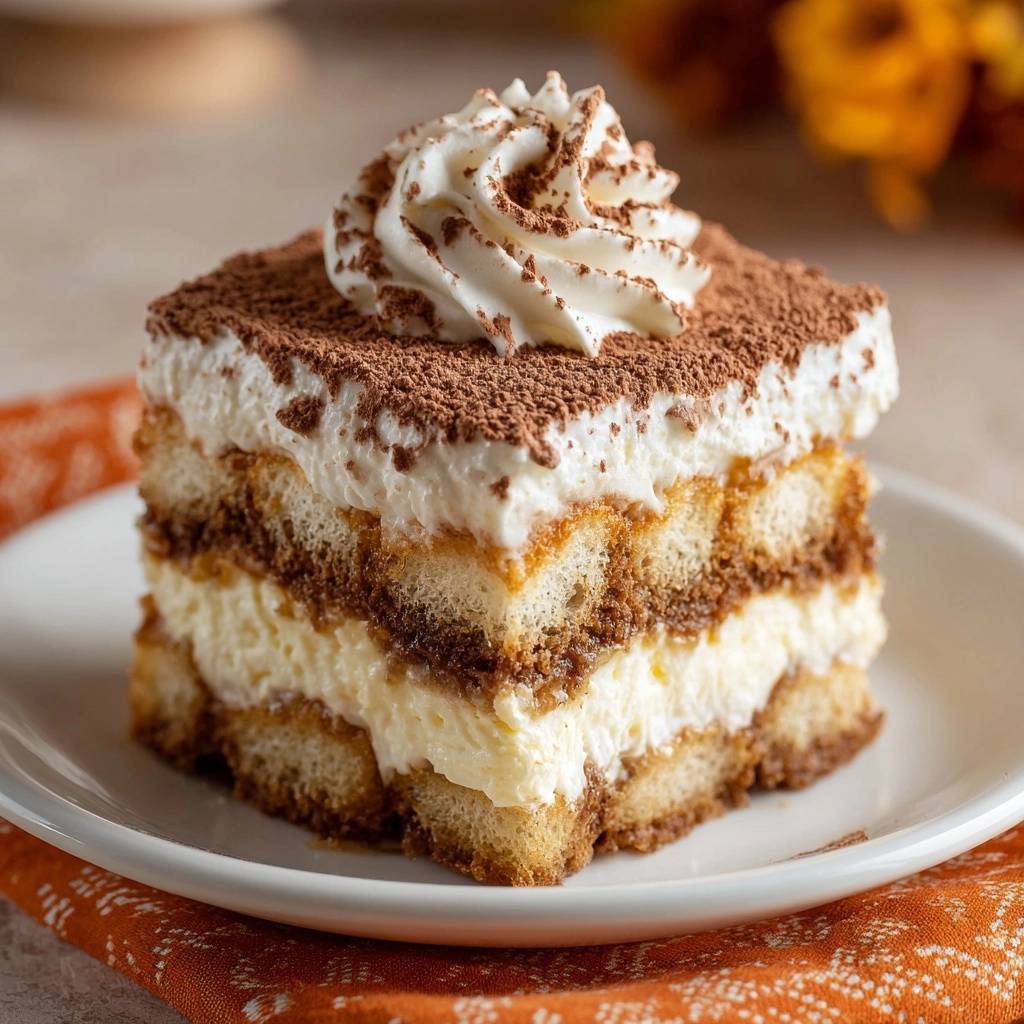 Perfektes Tiramisu als Nahaufnahme einer einzelnen Scheibe mit Sahnetupfer und Kakaopulver
