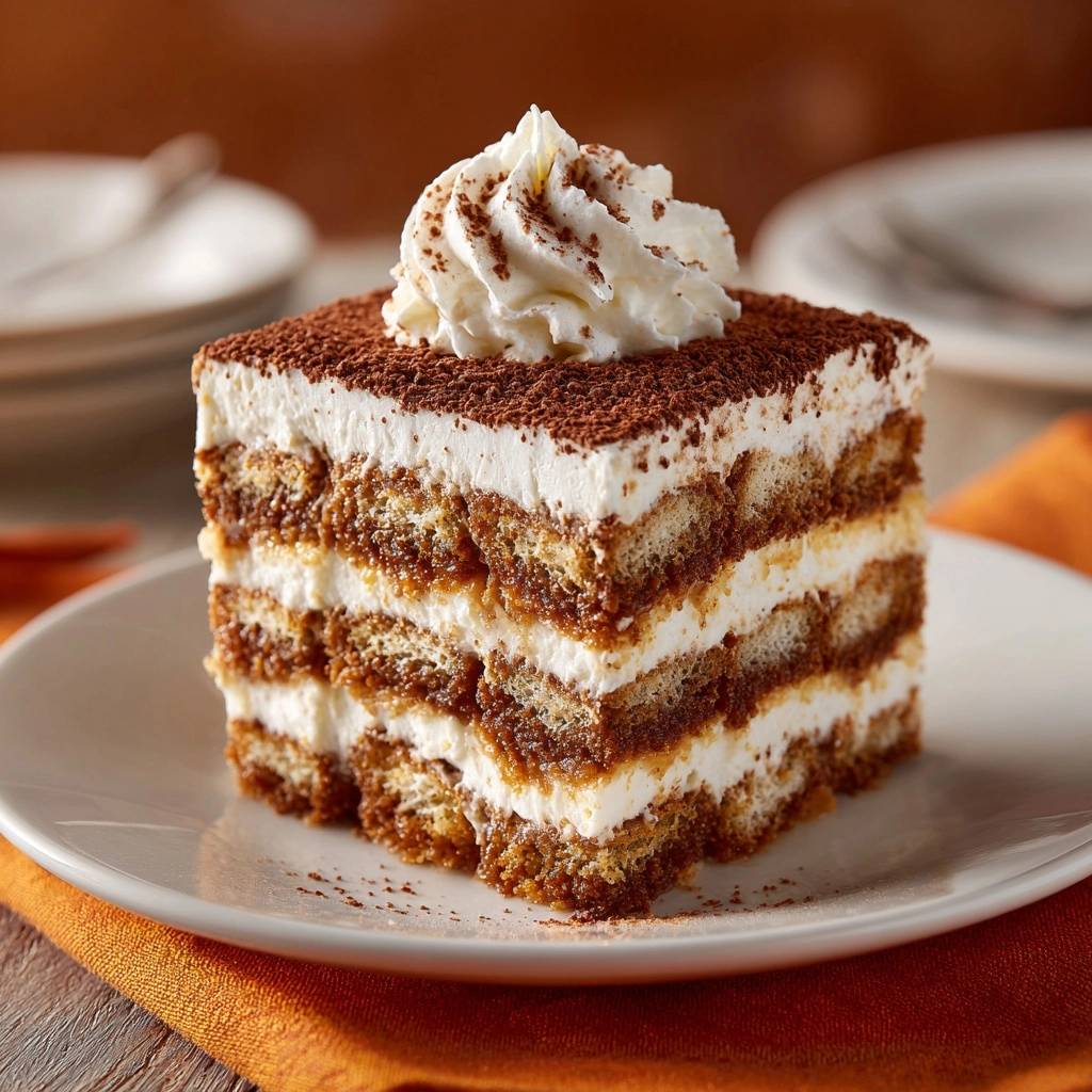Perfektes Tiramisu als angeschnittene Nahaufnahme, das die Schichten aus Löffelbiskuits und Creme zeigt.