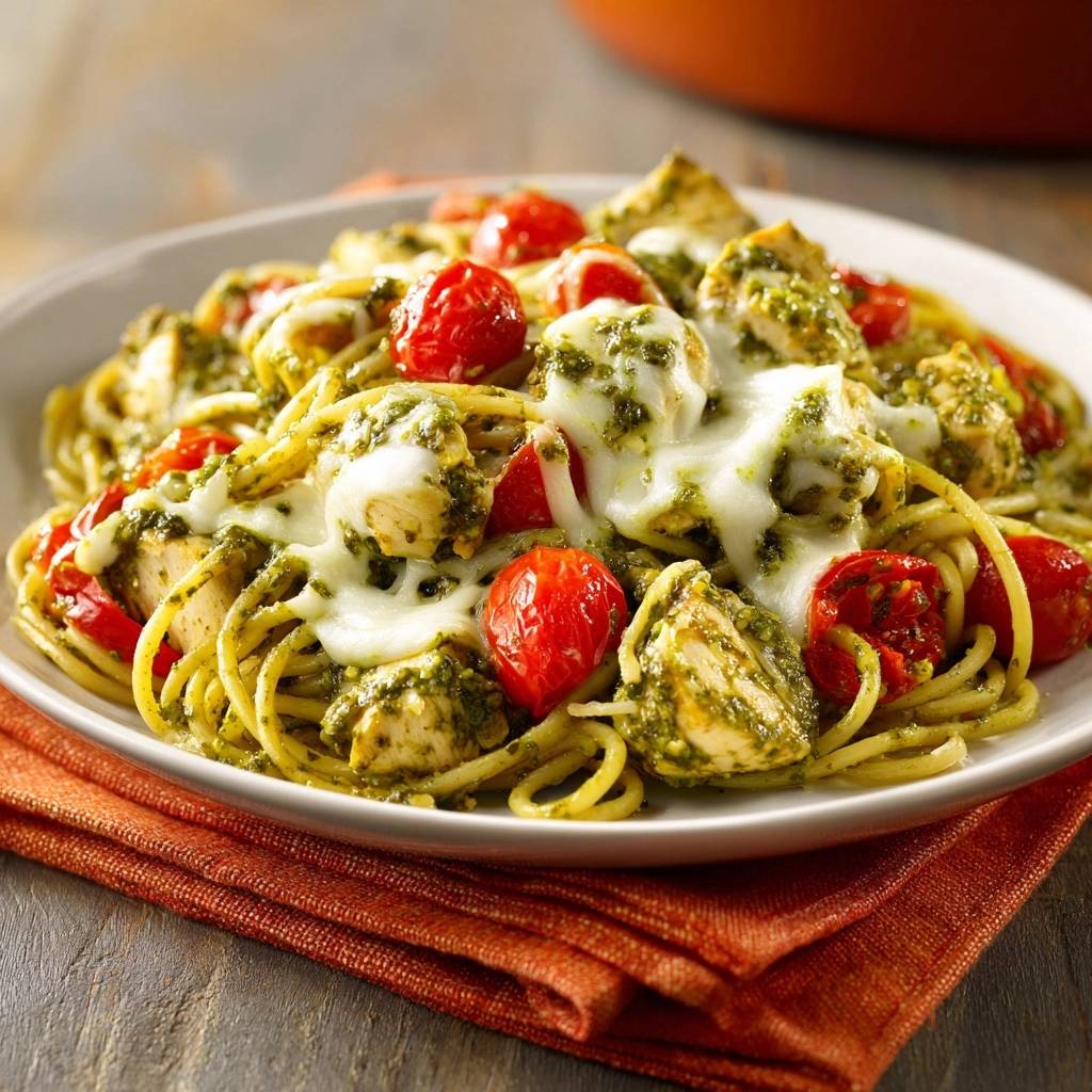 Saftiges Pesto-Hähnchen-Spaghetti mit Burrata, hier als Nahaufnahme mit geschmolzenem Käse und Kirschtomaten.