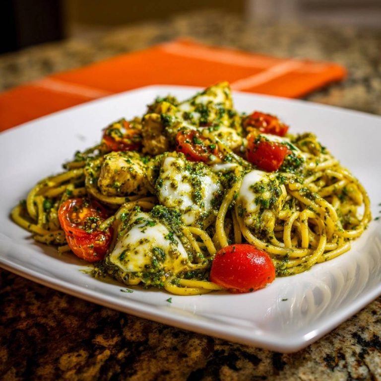 Saftiges Pesto-Hähnchen-Spaghetti mit Burrata, serviert auf einem Teller mit Tomaten und Basilikum in Nahaufnahme.