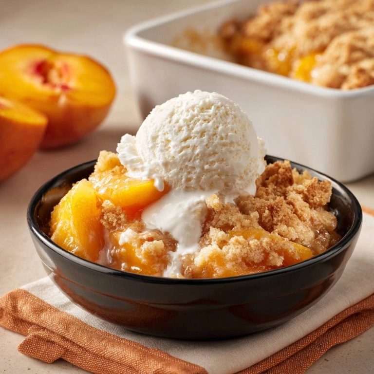 Knuspriger Pfirsich-Crumble mit einer Kugel Vanilleeis und geschmolzenem Eis darauf in einer Schüssel.
