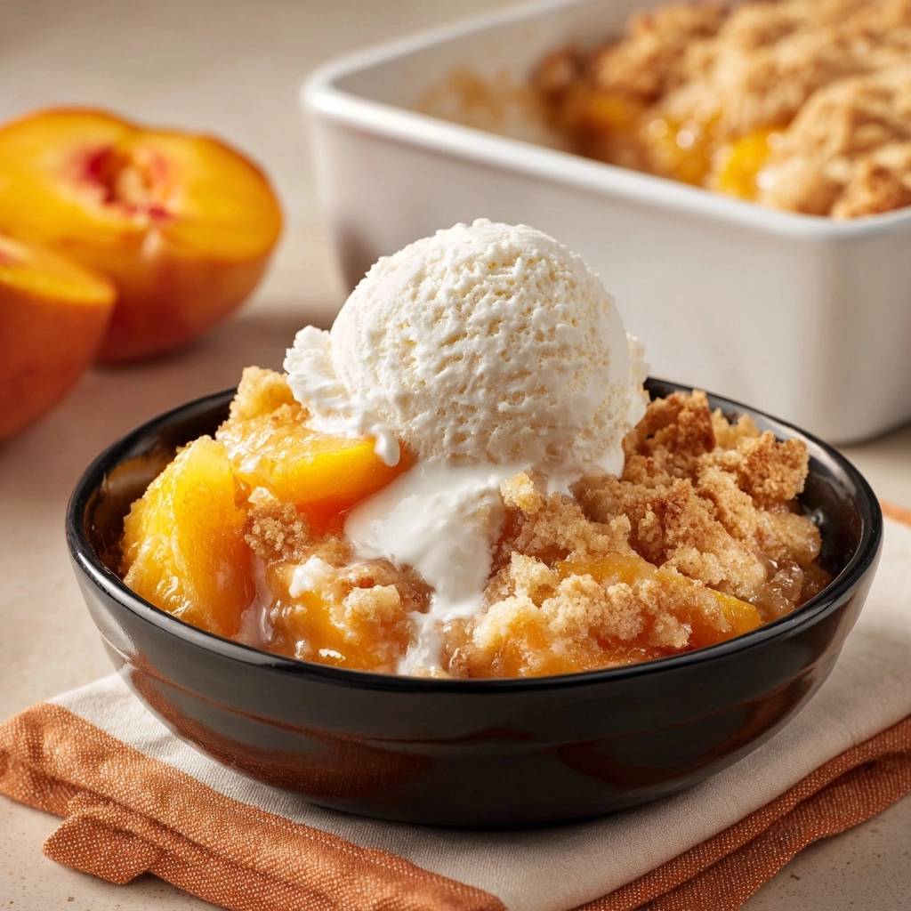 Knuspriger Pfirsich-Crumble mit einer Kugel Vanilleeis und geschmolzenem Eis darauf in einer Schüssel.