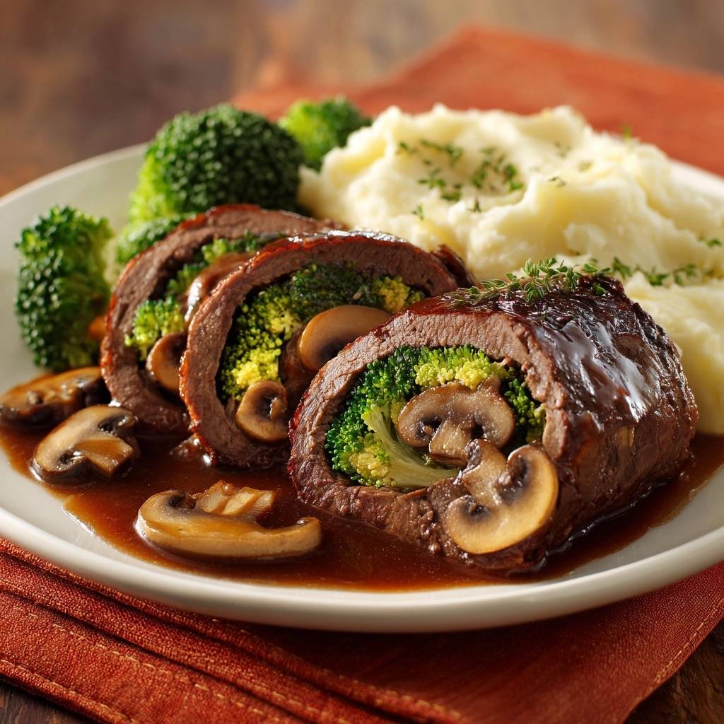 Saftige Pilz-Brokkoli-Rindfleischrouladen mit cremigem Püree, angeschnitten und mit Pilzen und Sauce serviert.