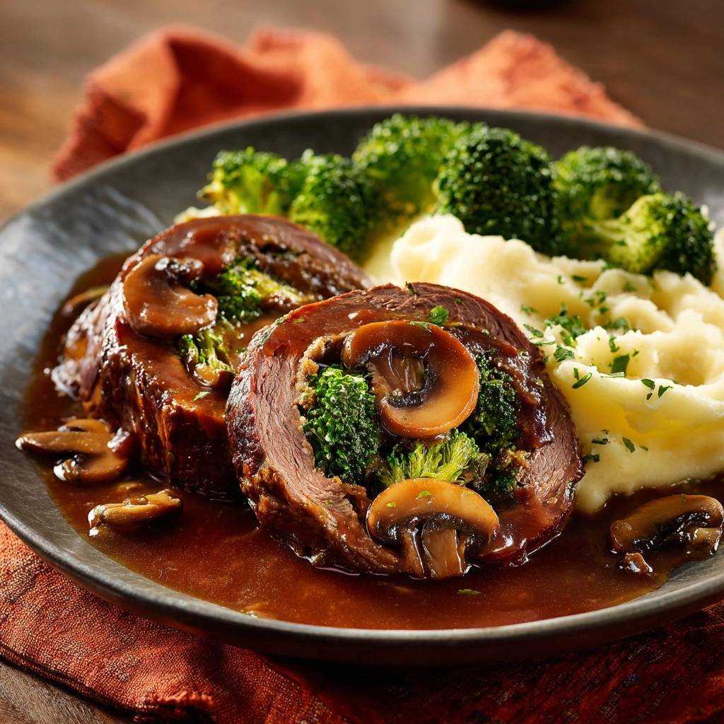 Saftige Pilz-Brokkoli-Rindfleischrouladen mit cremigem Püree, angeschnitten zur Ansicht des saftigen Inneren mit Brokkoli und Pilzen.
