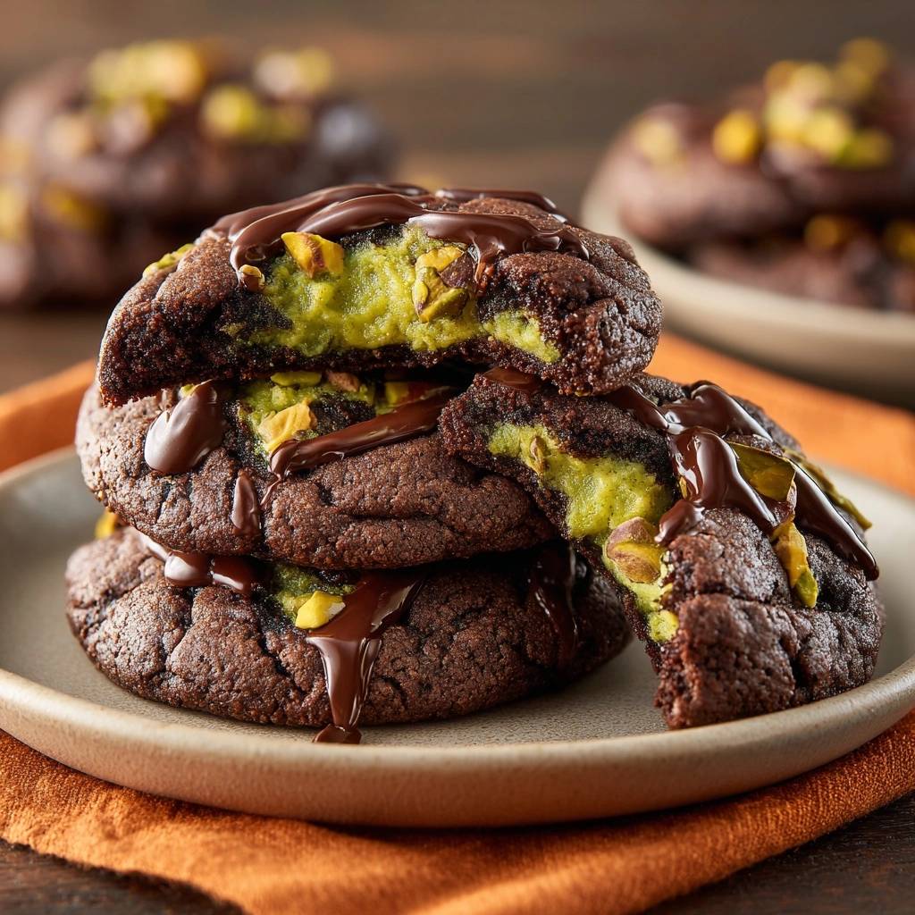 Pistazien-Schoko-Cookies mit cremiger Füllung angeschnitten, die Schokoladenglasur und die grüne Füllung sind deutlich sichtbar.
