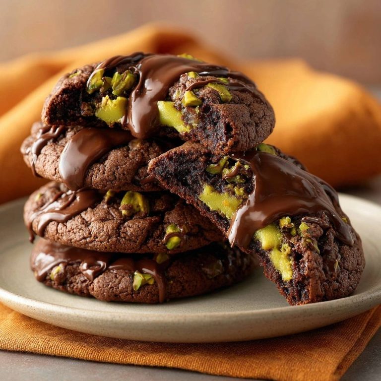 Pistazien-Schoko-Cookies mit cremiger Füllung angeschnitten, zeigen die grüne Pistazienfüllung und geschmolzene Schokolade.