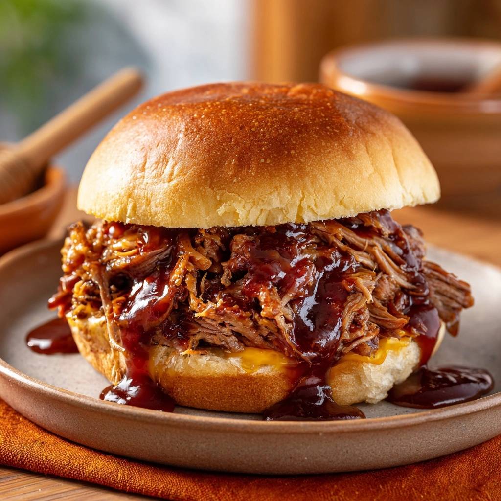 Saftiger Pulled Beef Burger mit viel BBQ-Sauce nah aufgenommen auf einem Teller, der die Textur des Fleisches zeigt.