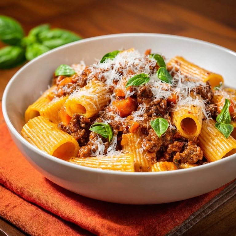 Rigatoni Bolognese nahaufnahme mit frisch geriebenem Parmesan und Basilikum garniert, serviert in einer weißen Schüssel