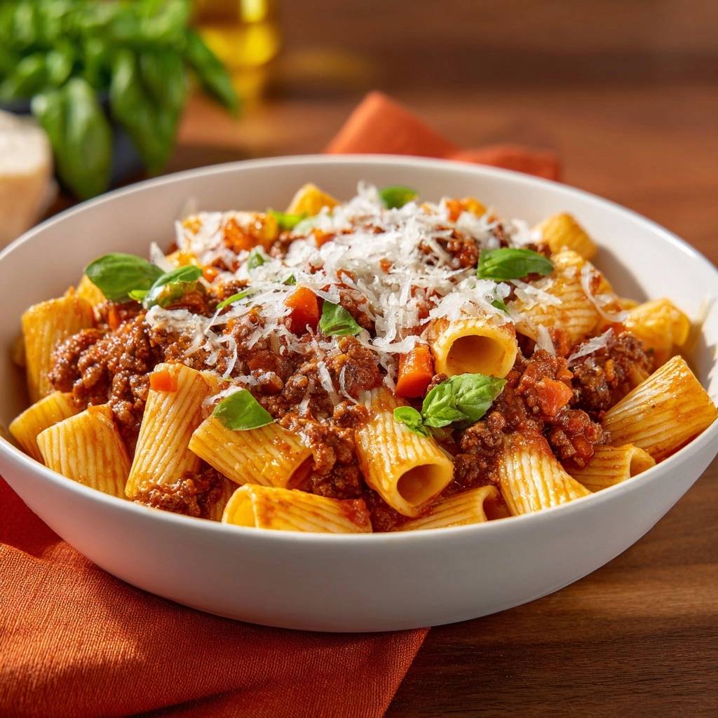 Rigatoni Bolognese mit Hackfleischsoße, garniert mit frischem Parmesan und Basilikum, Nahaufnahme.