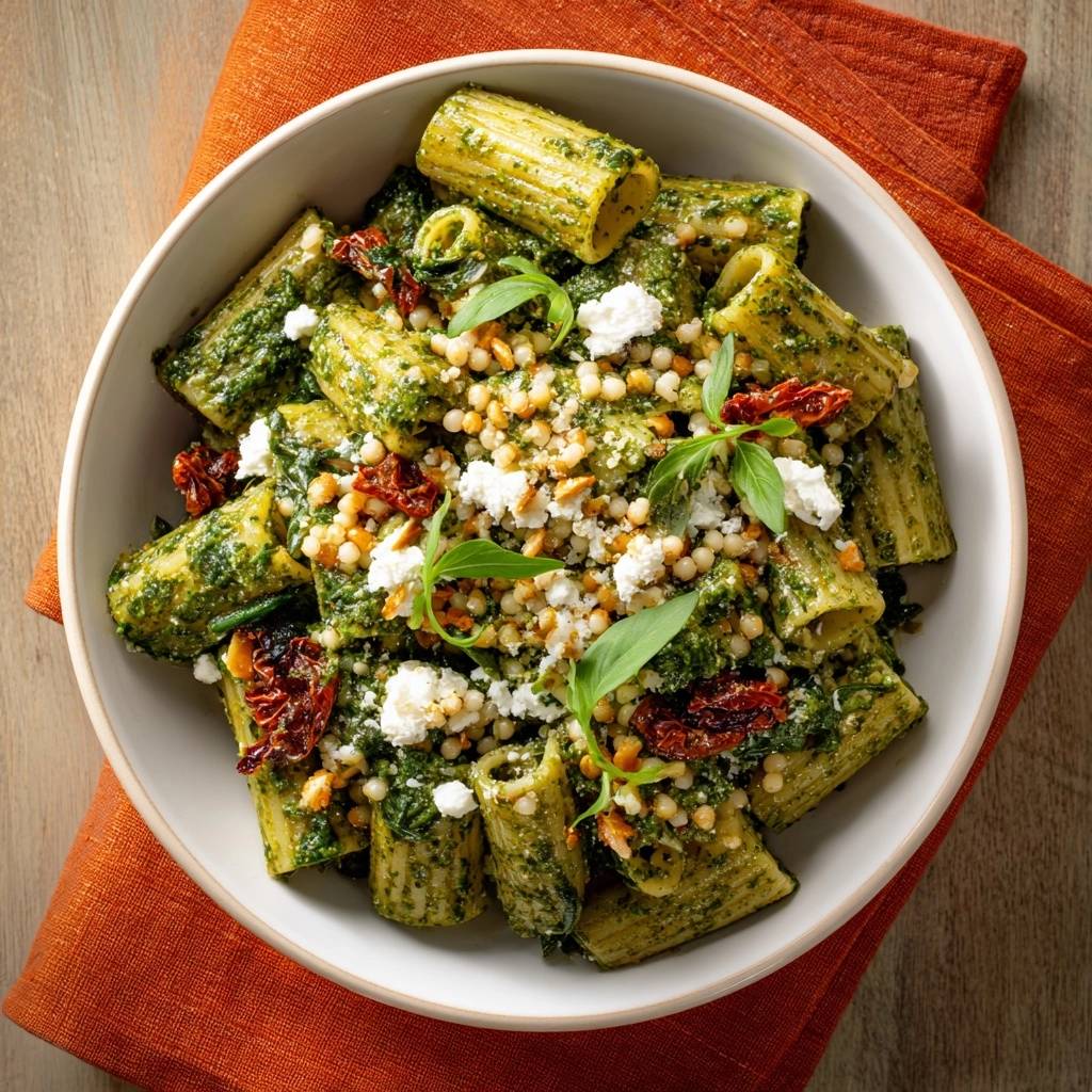 Rigatoni mit Pesto, Tomaten und Feta, eine Nahaufnahme des Gerichts von oben mit detaillierter Textur.
