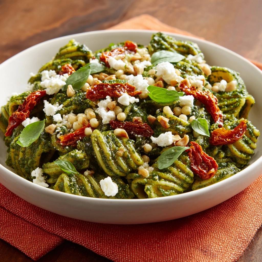 Rigatoni mit Pesto, Tomaten und Feta, garniert mit Pinienkernen und Basilikumblättern in einer weißen Schüssel.