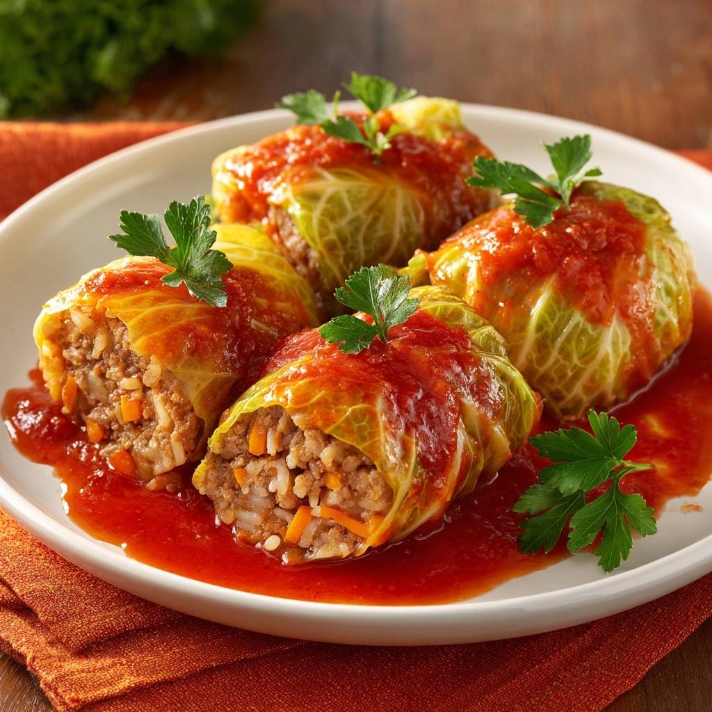 Saftige Rinder-Kohlrouladen in Tomatensoße, angeschnitten und mit frischer Petersilie garniert, zeigen den herzhaften Reis-Fleisch-Füllung.