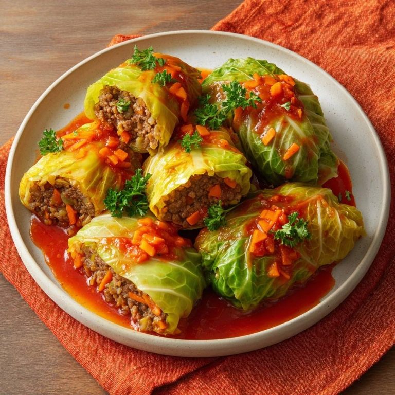 Saftige Rinder-Kohlrouladen in Tomatensoße auf einem Teller mit frischer Petersilie und Karottenstücken garniert.