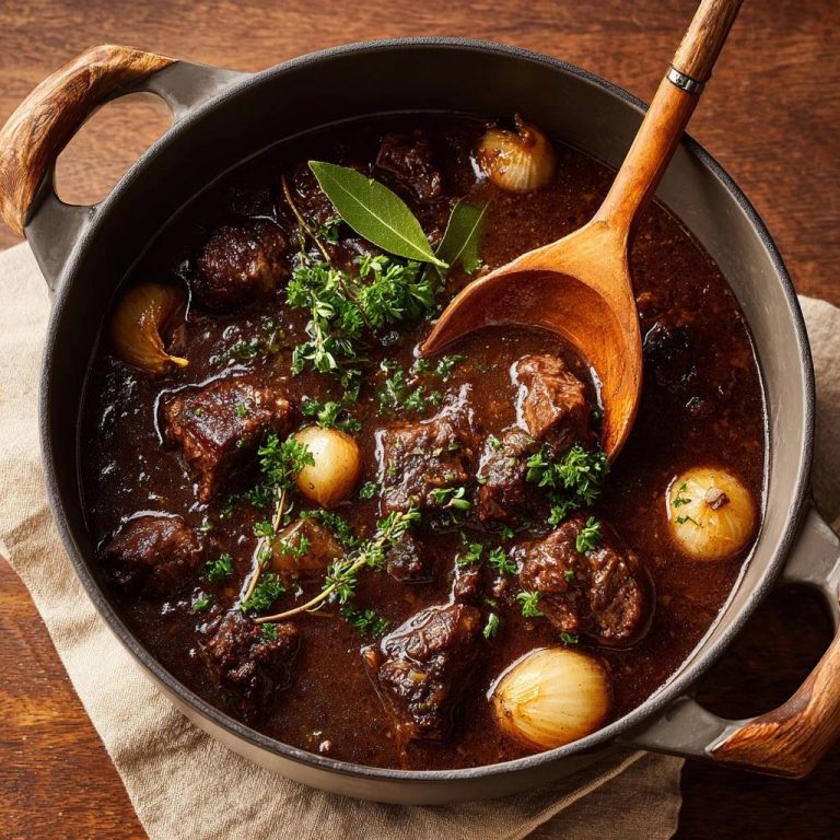 Rindergulasch mit Perlzwiebeln in einem gusseisernen Topf mit Holzschöpfkelle und frischer Petersilie garniert.