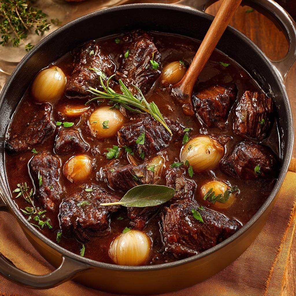 Rindergulasch mit Perlzwiebeln als saftiger Eintopf in Nahaufnahme, mit frischen Kräutern garniert.