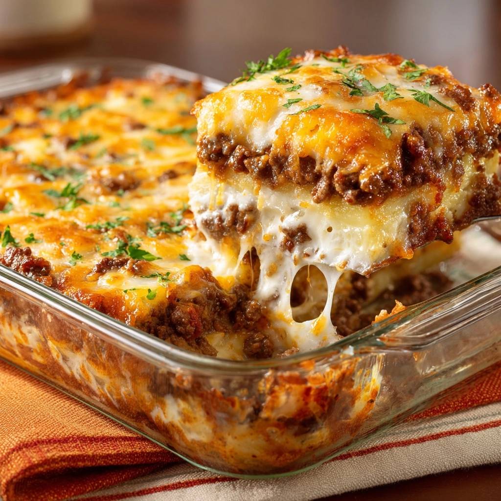 Saftige Rindfleisch-Lasagne angeschnitten, mit geschmolzenem Käse, der Fäden zieht und frischer Petersilie garniert ist.