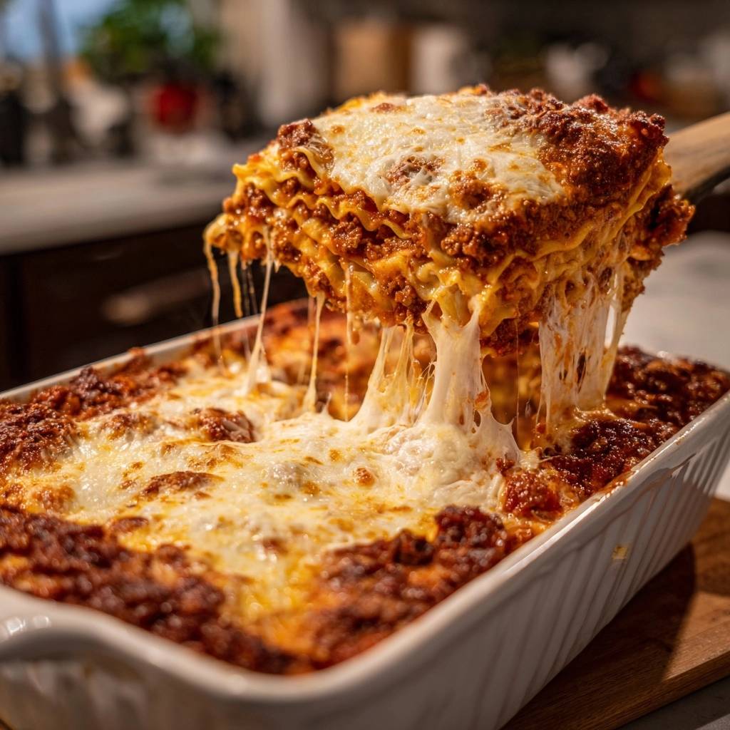 Ultimative Rindfleisch-Lasagne, angeschnitten und mit zart schmelzendem Käse, der Fäden zieht.