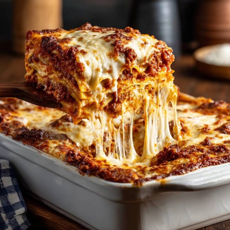 Ultimative Rindfleisch-Lasagne angeschnitten, mit zart schmelzendem Käse, der Fäden zieht und die Schichten offenbart.