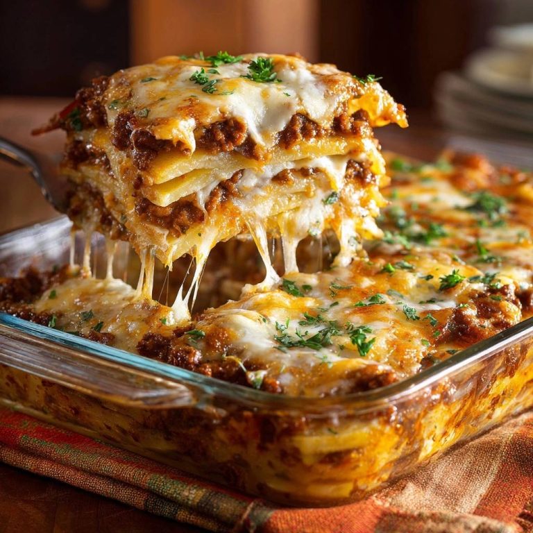 Saftige Rindfleisch-Lasagne angeschnitten mit geschmolzenem Käse und Petersilie garniert, aus der Auflaufform serviert.