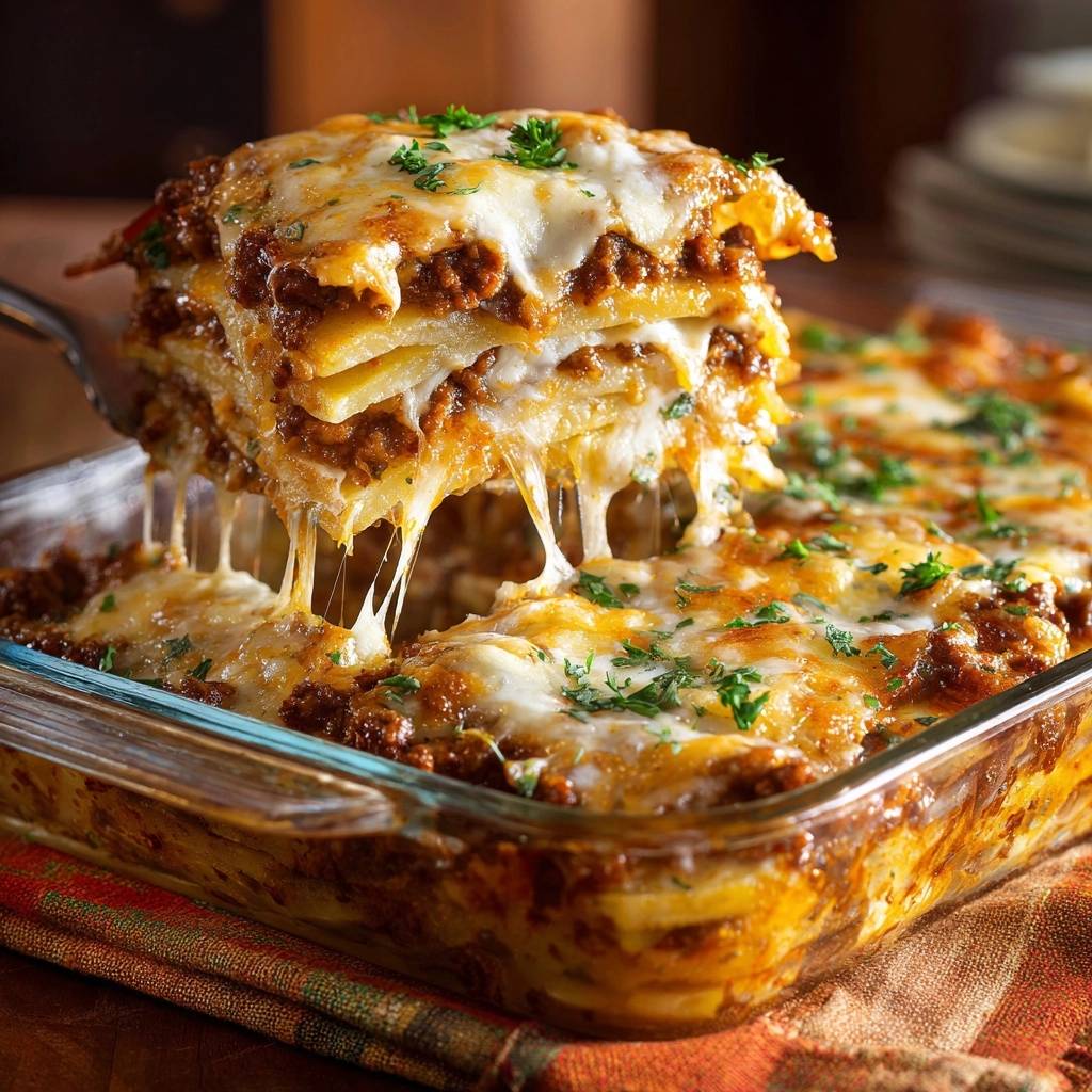 Saftige Rindfleisch-Lasagne angeschnitten mit geschmolzenem Käse und Petersilie garniert, aus der Auflaufform serviert.