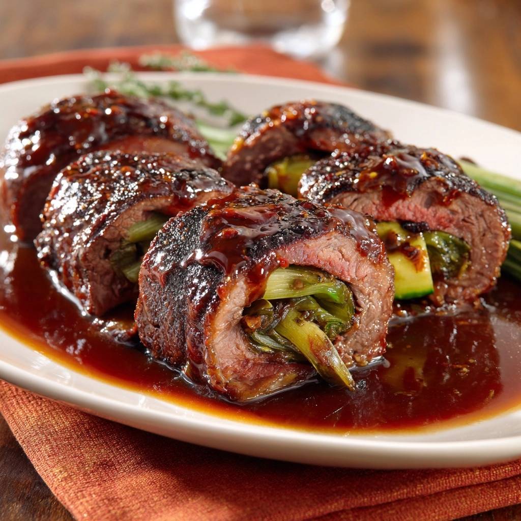Saftige Rindfleisch-Spargel-Röllchen angeschnitten, mit Spargel und Zucchini im Inneren, serviert auf einem Teller mit Sauce.
