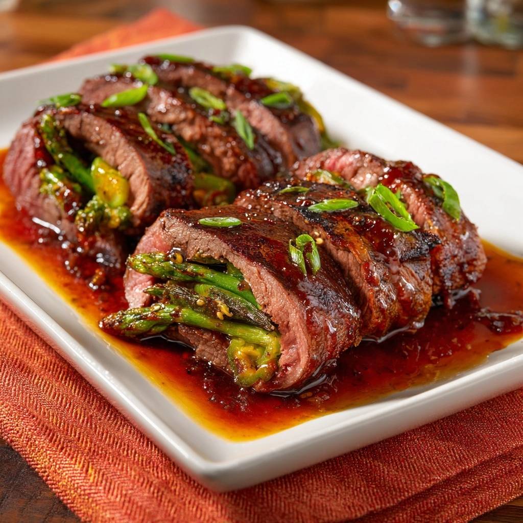Saftige Rindfleisch-Spargel-Röllchen im Anschnitt mit einer Füllung aus grünem Spargel und einer glänzenden Sauce.