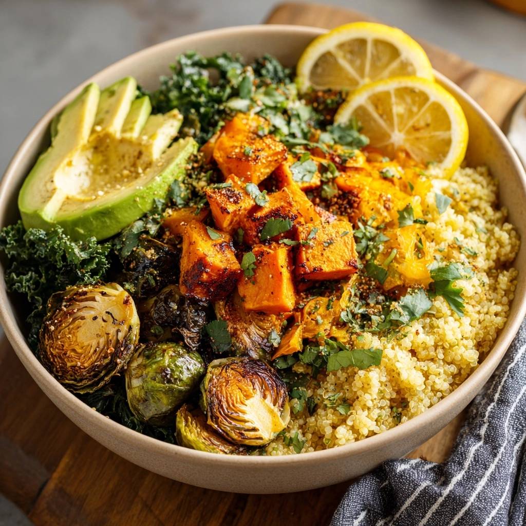 Knusprige Rosenkohl-Süßkartoffel-Bowl, vegan serviert mit Avocado, Quinoa und Zitronenscheiben, frisch garniert.
