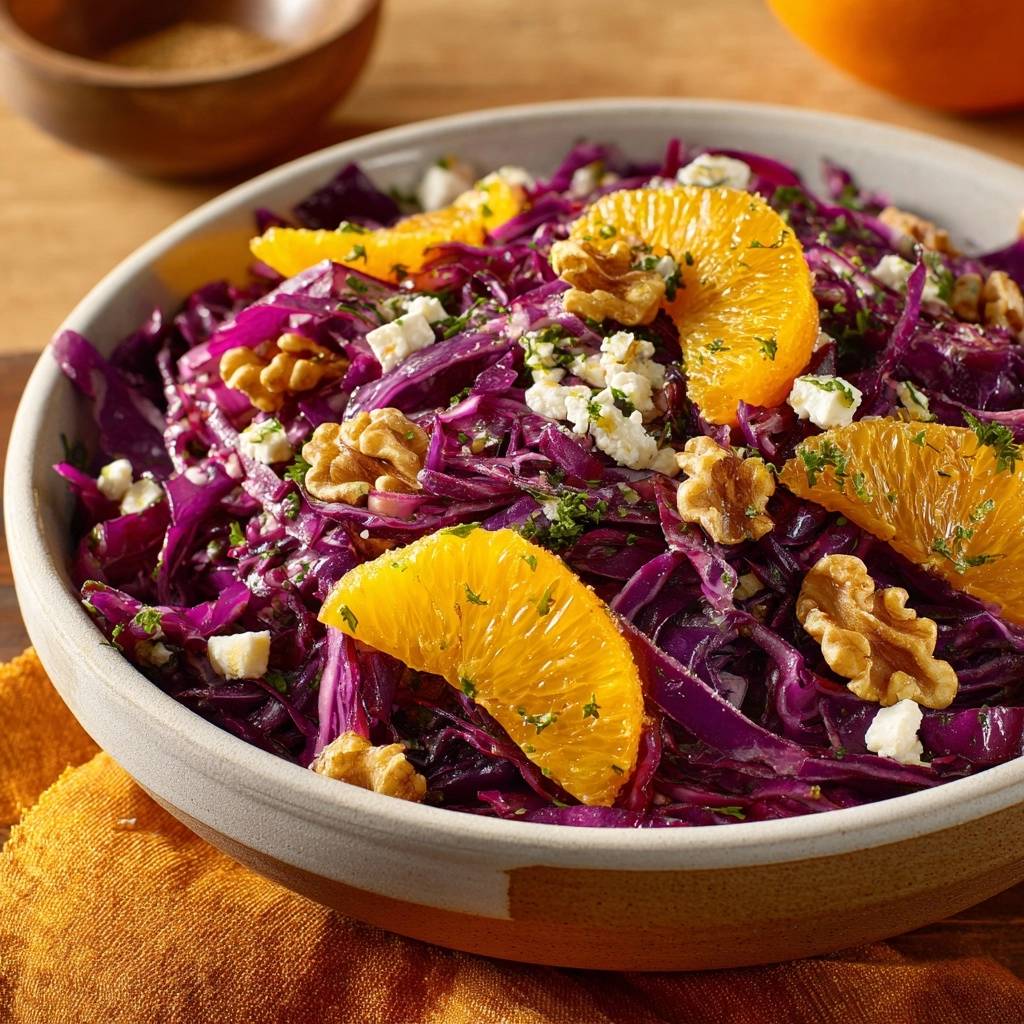 Rotkohl-Orangen-Salat mit Walnuss und Feta, eine Nahaufnahme mit Garnitur aus Orangenspalten und gehackter Petersilie.