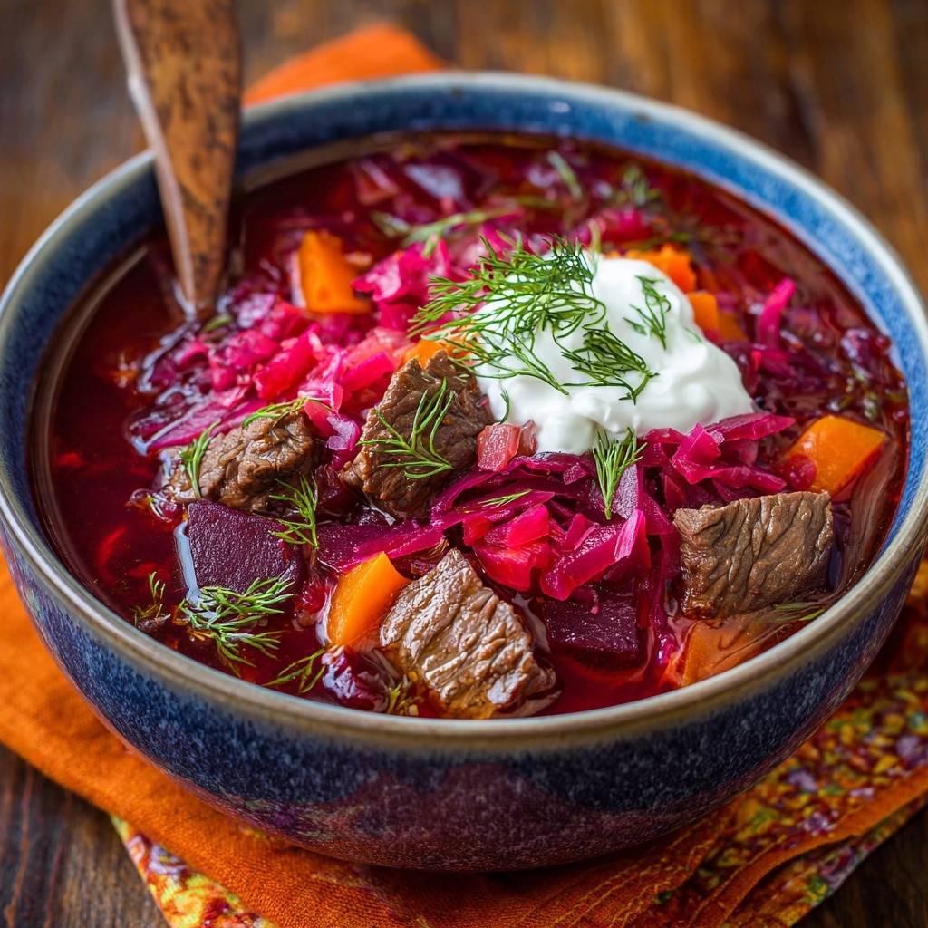 Russischer Borschtsch mit zartem Rindfleisch, Gemüse und einem Klecks Sauerrahm als Garnitur, Nahaufnahme.