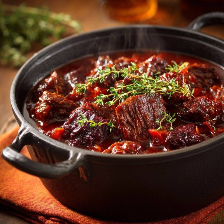 Rustikales Rindergulasch in einem gusseisernen Topf, garniert mit frischem Thymian und Dampf steigt auf.
