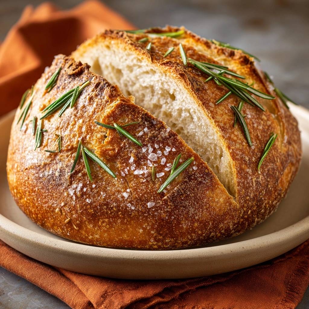 Rustikales Rosmarin-Salz-Brot angeschnitten, mit frischem Rosmarin und grobem Salz bestreut, zeigt die luftige Krume.