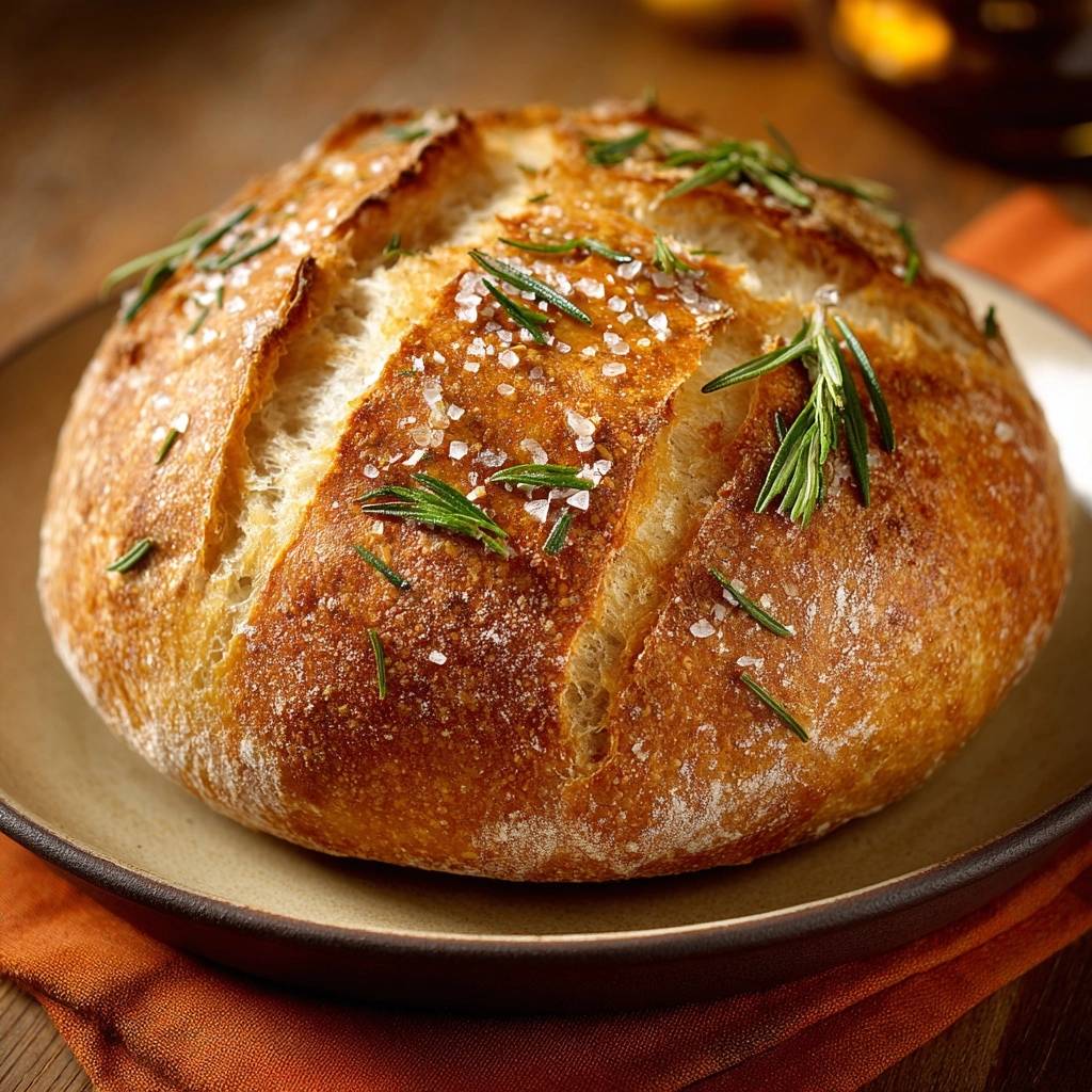 Rustikales Rosmarin-Salz-Brot, frisch gebacken und mit Rosmarin und grobem Salz garniert auf einem Teller