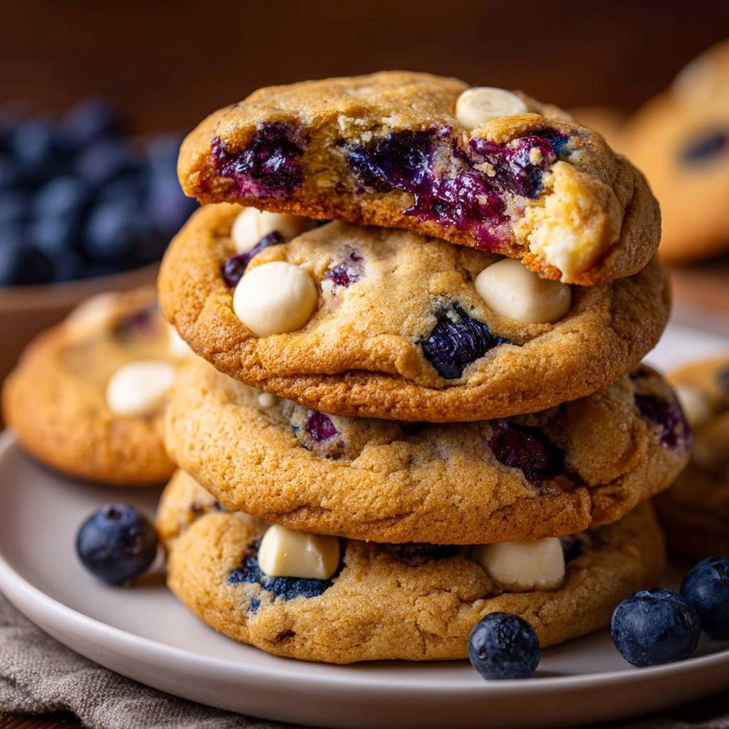 Saftige Blaubeer-White-Chocolate-Cookies (Nie wieder flache Kekse!) angeschnitten, die innen mit Blaubeeren und weißer Schokolade gefüllt sind.