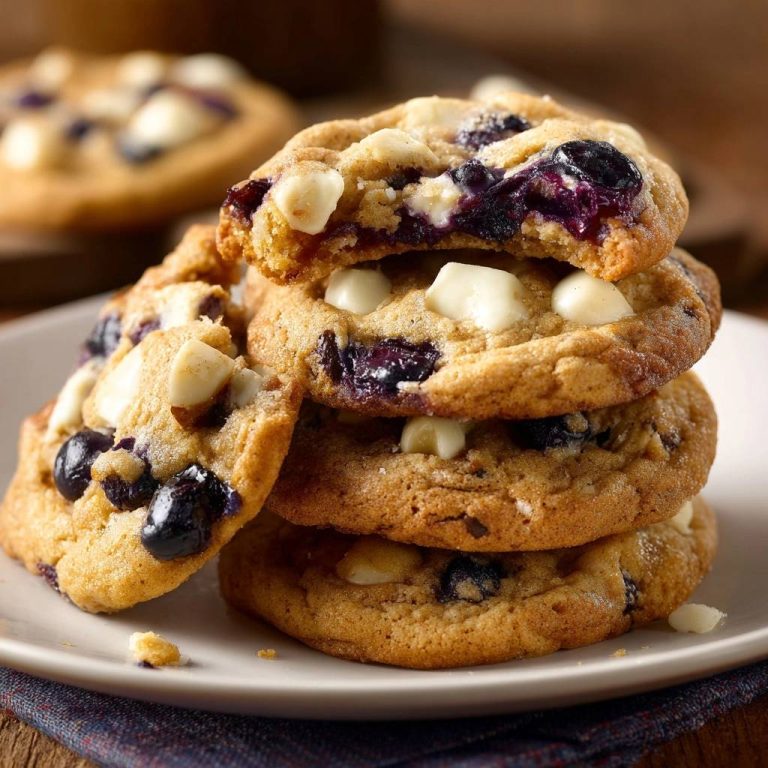 Saftige Blaubeer-White-Chocolate-Cookies, gestapelt auf einem Teller und von der Seite angeschnitten, zeigen saftige Blaubeeren und weiße Schokostückchen.