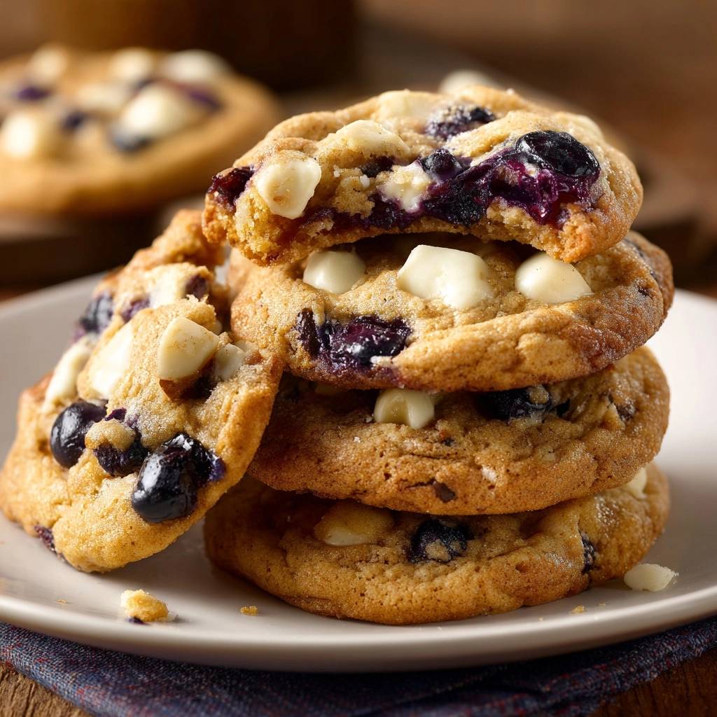 Saftige Blaubeer-White-Chocolate-Cookies, gestapelt auf einem Teller und von der Seite angeschnitten, zeigen saftige Blaubeeren und weiße Schokostückchen.